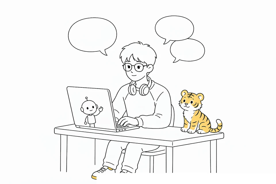 CYY 和小老虎在笔记本电脑前和 AI 聊天的插画